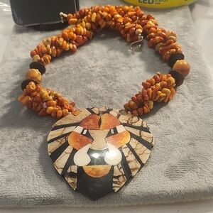 Lion Pendant Beaded Necklace..spongw Apple Coral..vintage Lion Head..nice Big Ea